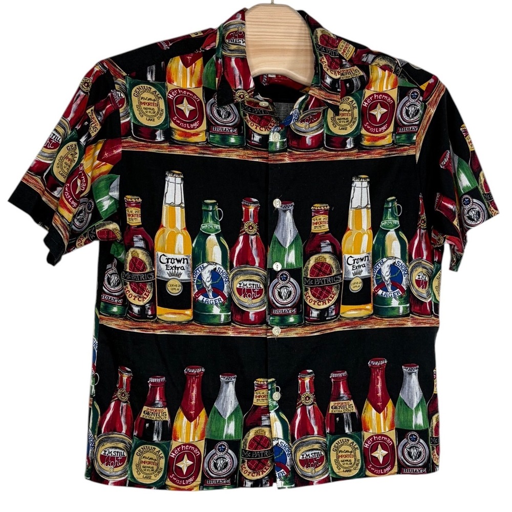 SPOT Original Button Down Shirt Large Black Beer Bottle Print Retro 90s Vintage